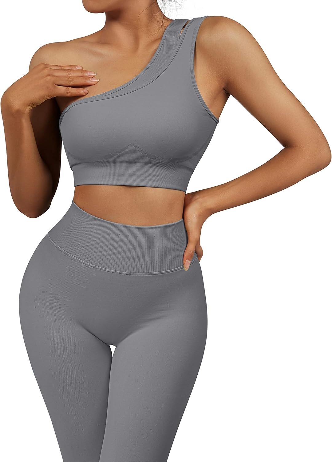 OMKAGI Workout Set for Women 2 Piece Seamless One Shoulder Sports Bra Scrunch Butt Lifting leggings Gym Outfits Tracksuits