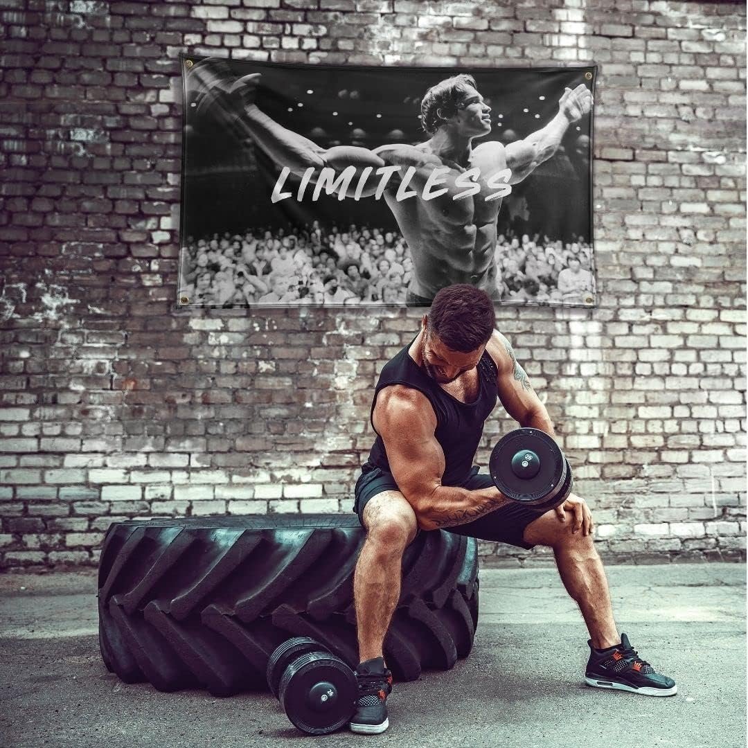 Limitless Flag Banner Arnold Schwarzenegger 3x5 Feet Gym Motivation Funny Fitness Poster Durable Cool Tapestry Man Cave Wall Decor with Metal Grommets for College Dorm Room Decoration,Home,House