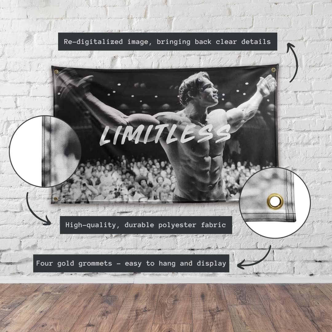 Limitless Flag Banner Arnold Schwarzenegger 3x5 Feet Gym Motivation Funny Fitness Poster Durable Cool Tapestry Man Cave Wall Decor with Metal Grommets for College Dorm Room Decoration,Home,House