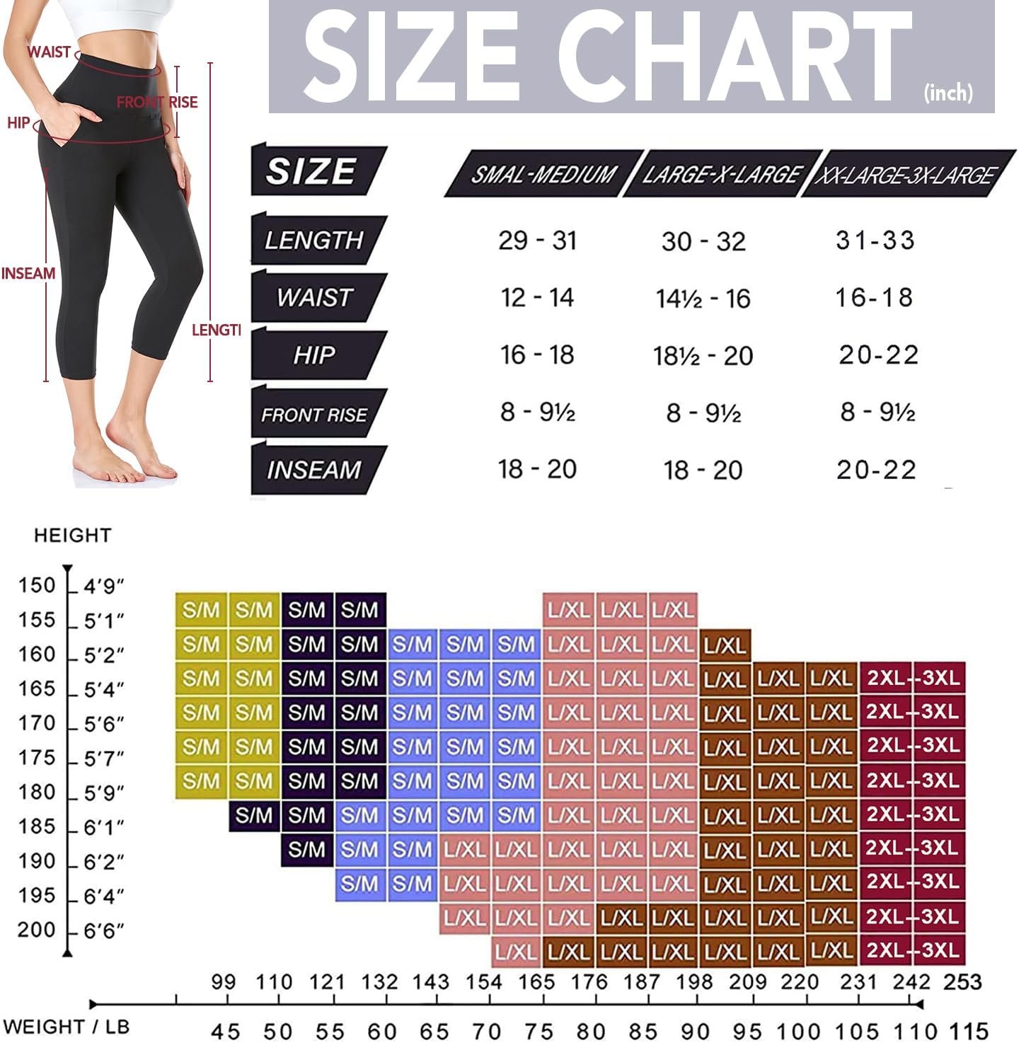 NEW YOUNG 3 Pack Capri Leggings for Women with Pockets-High Waisted Tummy Control Workout Gym Yoga Active Pants