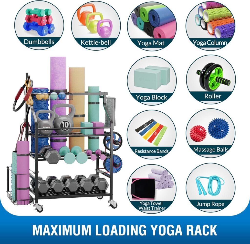 Sttoraboks Dumbbells Rack,Weight Rack for Kettlebell, Weight Stand,Home Gym Storage Holder for Yoga Mat, Foam Roller,Yoga Strap,Resistance Bands,Garage Storage Organizer,Workout Storage with Wheels