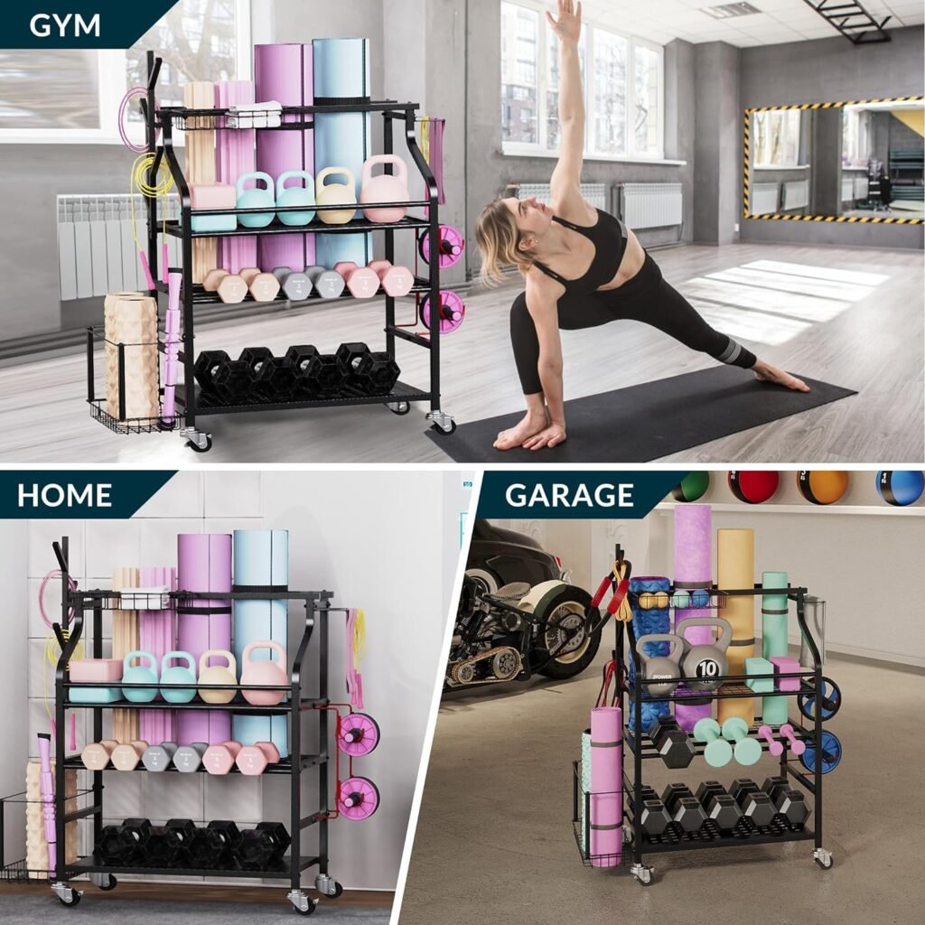 Sttoraboks Dumbbells Rack,Weight Rack for Kettlebell, Weight Stand,Home Gym Storage Holder for Yoga Mat, Foam Roller,Yoga Strap,Resistance Bands,Garage Storage Organizer,Workout Storage with Wheels