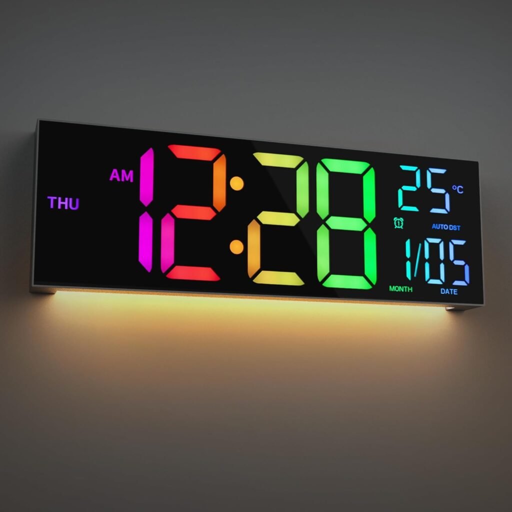 Large Digital Wall Clock 16.2 inch Display, with RGB Color,Temperature,Remote Control,4 Level Brightness Dimmer,Night Light,2 Alarm,12/24H,DST Perfect for Home/Office/Garage/Gym/School