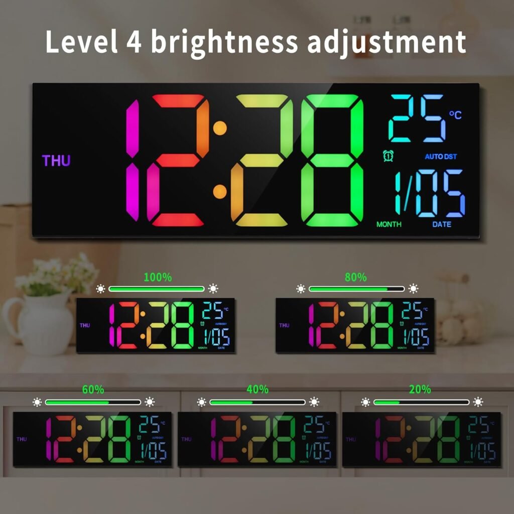 Large Digital Wall Clock 16.2 inch Display, with RGB Color,Temperature,Remote Control,4 Level Brightness Dimmer,Night Light,2 Alarm,12/24H,DST Perfect for Home/Office/Garage/Gym/School