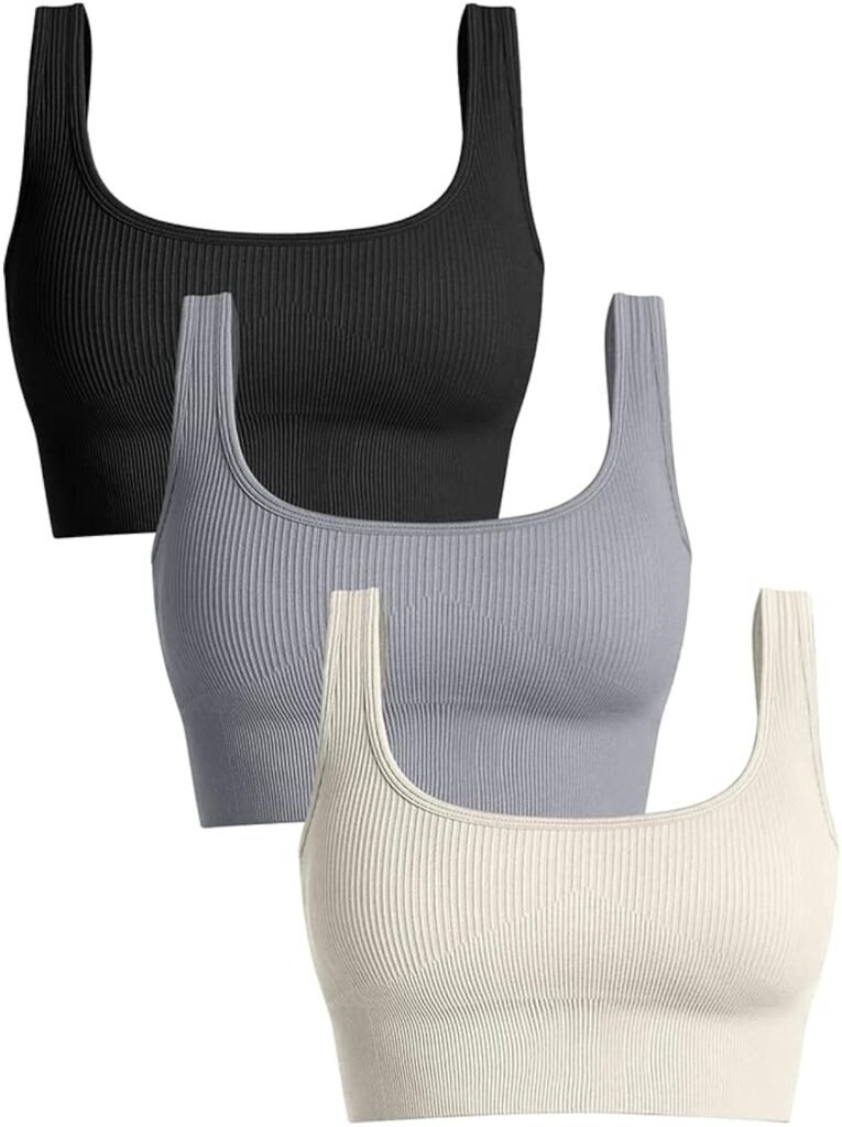 OQQ Womens 3 Piece Medium Support Tank Top Ribbed Seamless Removable Cups Workout Exercise Sport Bra