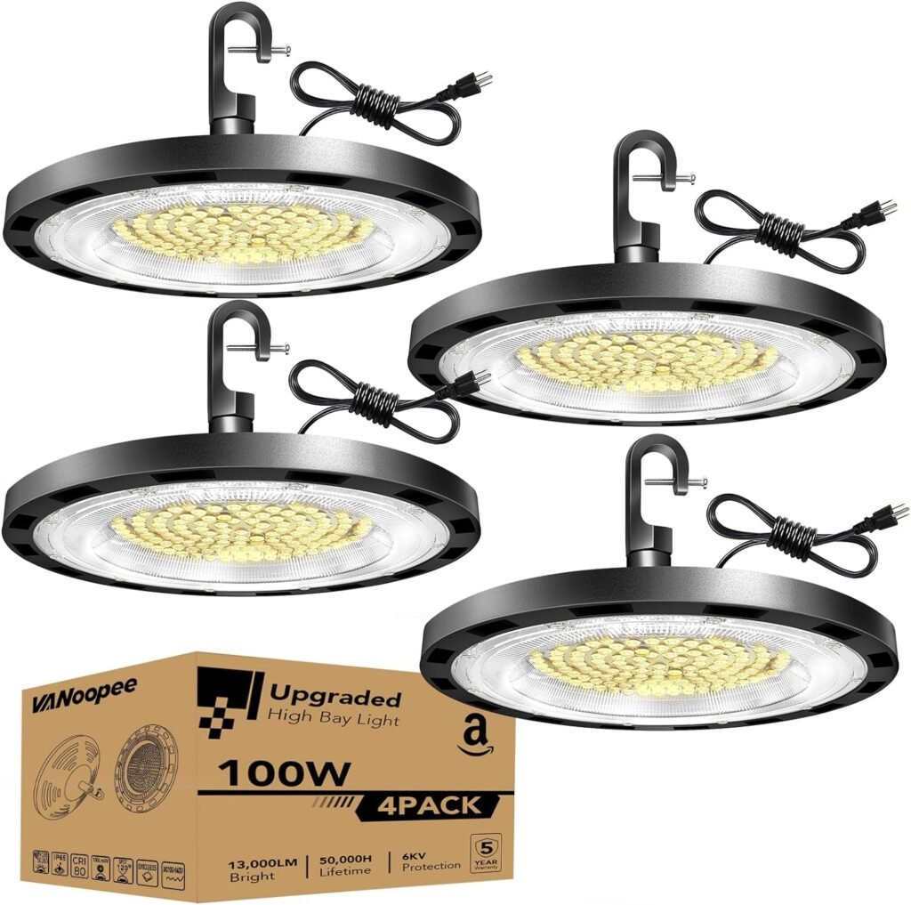 VANoopee 4 Pack 100W High Bay LED Shop Lights 5000K UFO LED High Bay Light Commercial Bay Lighting fixtures for Warehouse Workshop Barn Garage Gym - 5 Cable with Plug, 13000lm(400W MH/HPS Eqv.)