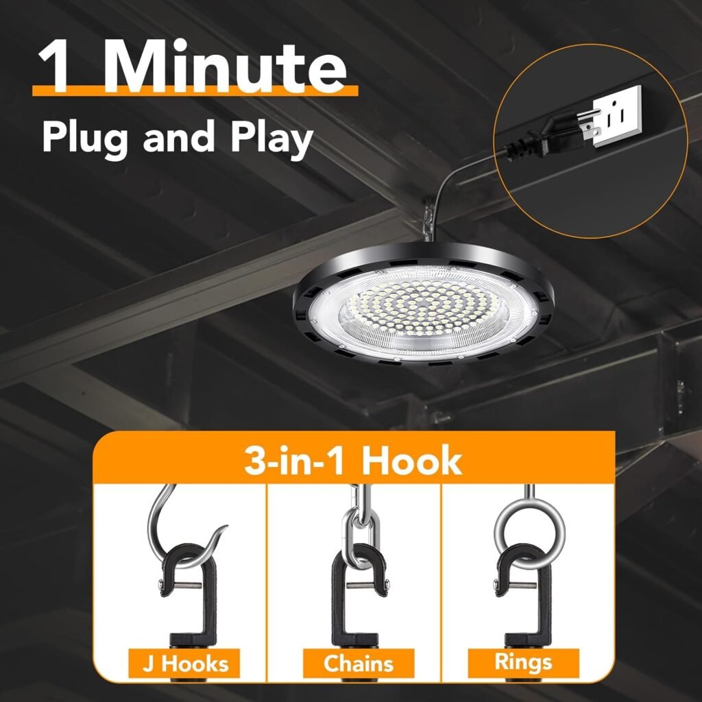 VANoopee 4 Pack 100W High Bay LED Shop Lights 5000K UFO LED High Bay Light Commercial Bay Lighting fixtures for Warehouse Workshop Barn Garage Gym - 5 Cable with Plug, 13000lm(400W MH/HPS Eqv.)