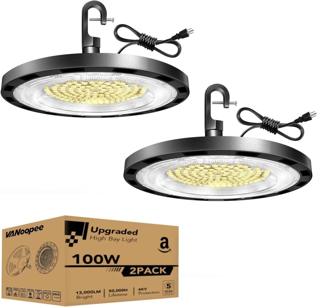 VANoopee 4 Pack 100W High Bay LED Shop Lights 5000K UFO LED High Bay Light Commercial Bay Lighting fixtures for Warehouse Workshop Barn Garage Gym - 5 Cable with Plug, 13000lm(400W MH/HPS Eqv.)