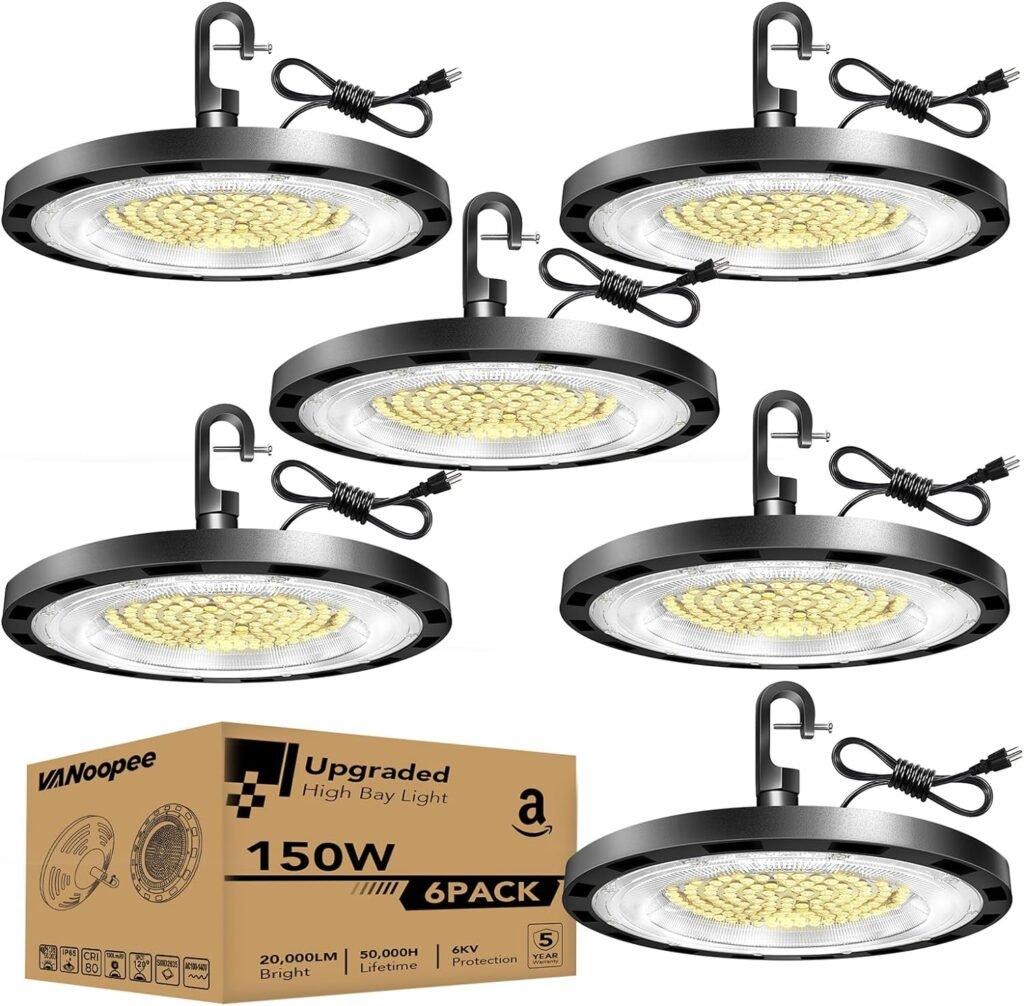 VANoopee 4 Pack 100W High Bay LED Shop Lights 5000K UFO LED High Bay Light Commercial Bay Lighting fixtures for Warehouse Workshop Barn Garage Gym - 5 Cable with Plug, 13000lm(400W MH/HPS Eqv.)