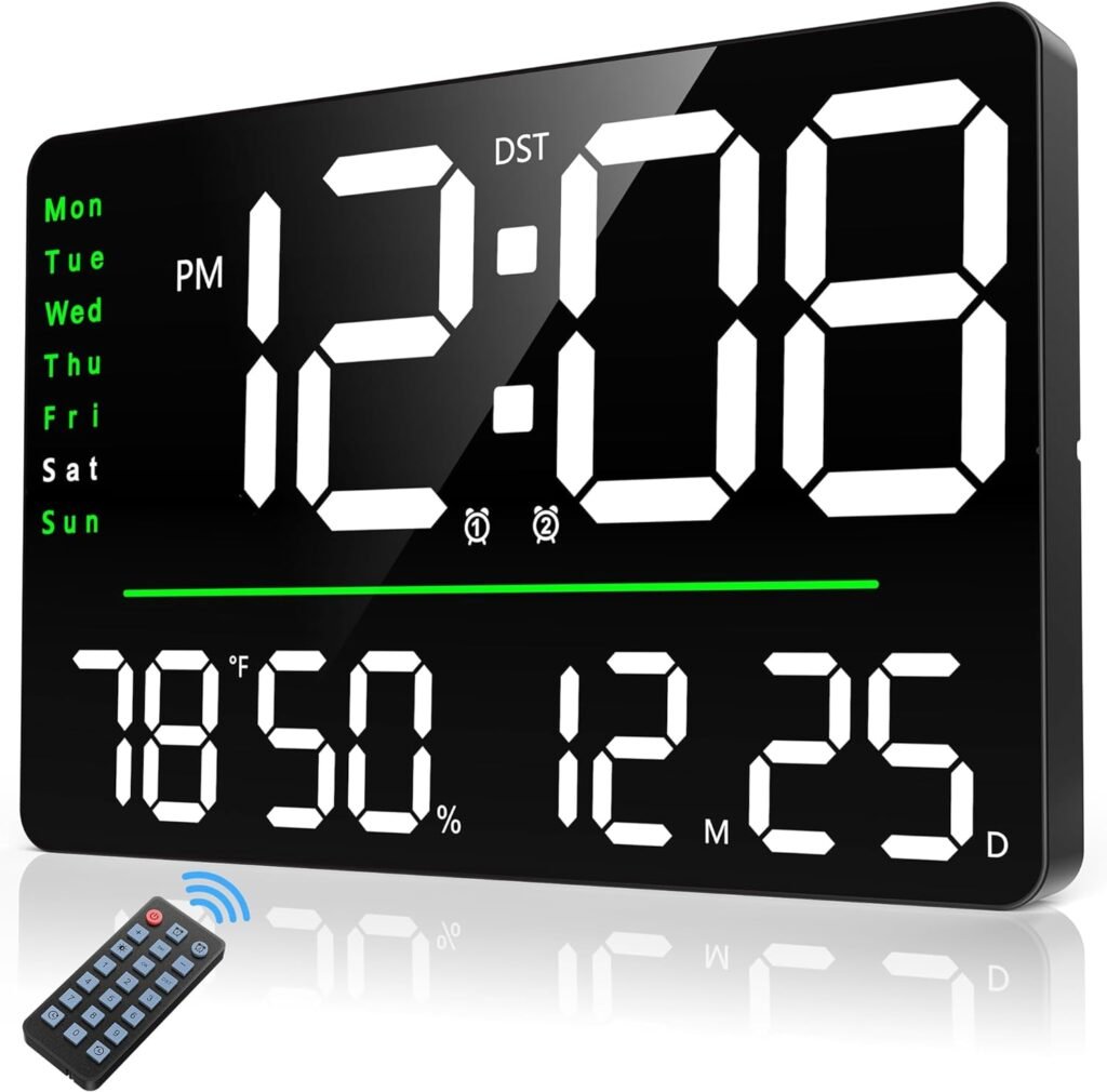 GOLOZA 16 Large Digital Wall Clock with Remote Control, DST, Stopwatch, Timer, Auto/Custom Dimmer, Temp, Humidity, Dual Alarms, Mounted, Room Décor for Living Room/Gym/Garage, Gift for Elderly