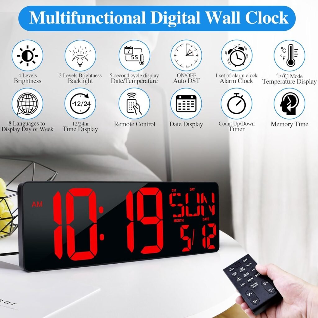 Large Digital Wall Clock with Remote Control 17.2 LED Large Display Timer with Temperature Date Week Auto DST Adjustable Brightness, Big Wall Alarm Clock for Living Room Office Garage Gym Seniors