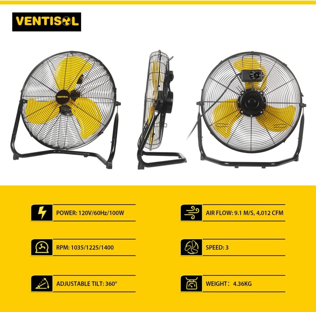 VENTISOL 14 Inch High Velocity Orbital Floor Fan or Wall Mounted Fan with 720° Adjustable Tilting, 1,560 CFM, 3-Speed Oscillating Fan for Commercial, Residential Gym, Garage, Workshop,Home Use