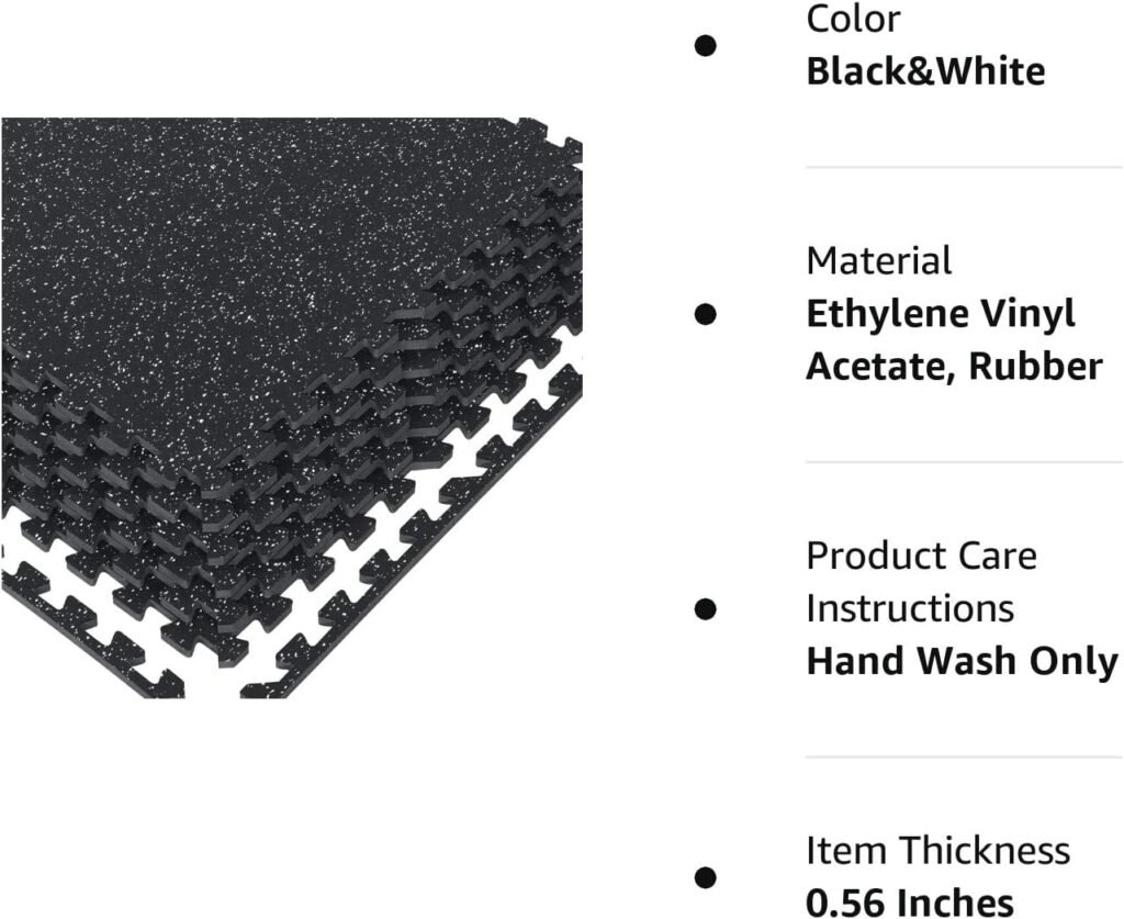 1/2in Thick 48 Sq Ft Rubber Top High Density EVA Foam Exercise Gym Mats Non-slip 12 Pcs - Interlocking Puzzle Floor Tiles for Home Gym Heavy Workout Equipment Flooring - 24 x 24in Tile, Black  White