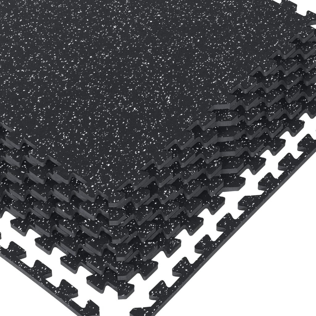 1/2in Thick 48 Sq Ft Rubber Top High Density EVA Foam Exercise Gym Mats Non-slip 12 Pcs - Interlocking Puzzle Floor Tiles for Home Gym Heavy Workout Equipment Flooring - 24 x 24in Tile, Black  White