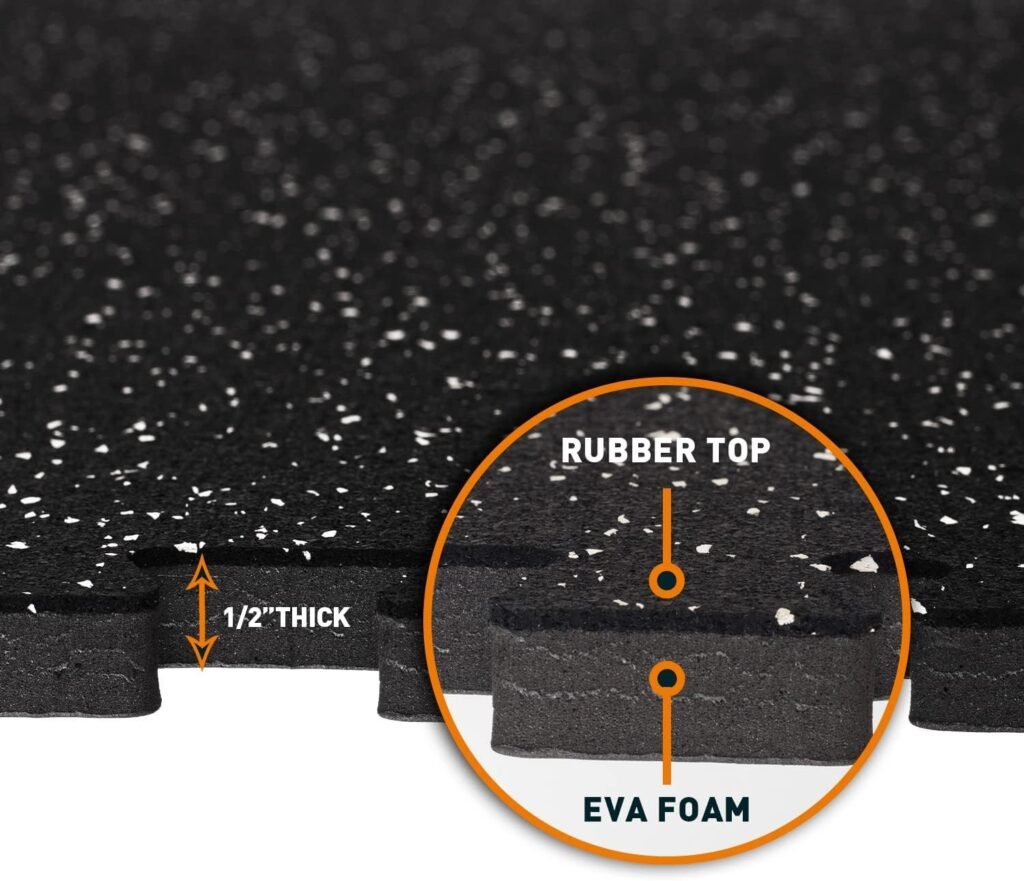 1/2in Thick 48 Sq Ft Rubber Top High Density EVA Foam Exercise Gym Mats Non-slip 12 Pcs - Interlocking Puzzle Floor Tiles for Home Gym Heavy Workout Equipment Flooring - 24 x 24in Tile, Black  White