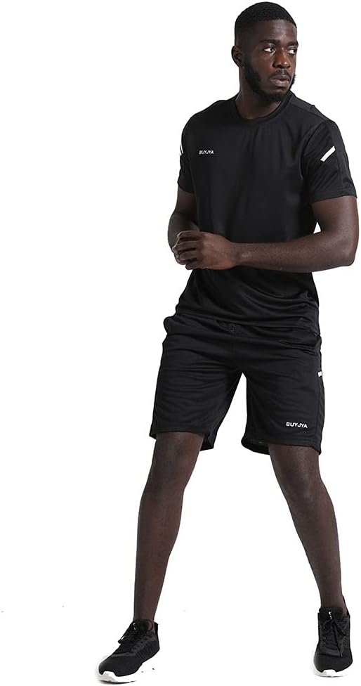 BUYJYA Mens Workout Clothes Athletic Shorts Shirt Set 3 Pack for Basketball Football Exercise Training Running Gym