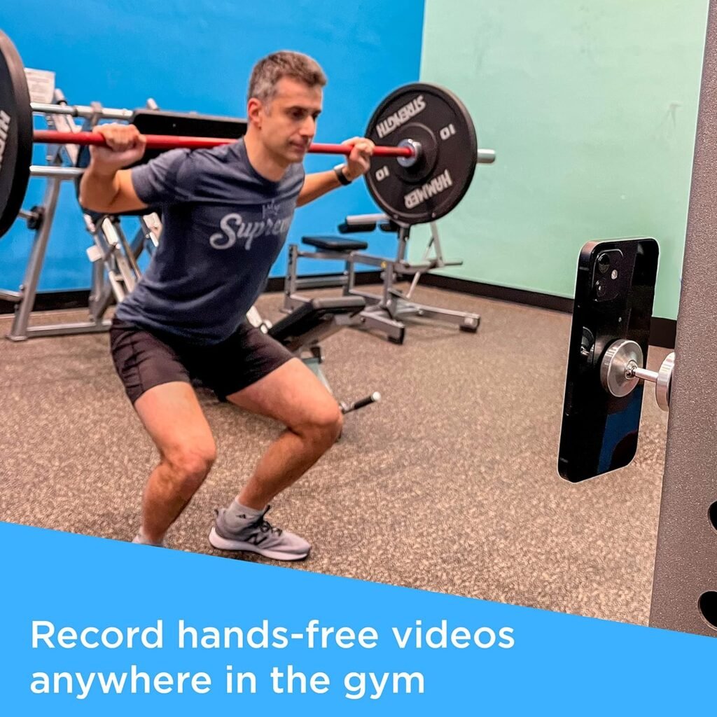 Dual Magnetic Phone Mount  Holder. Attaches magnetically to Metal Surface. Shoot Hands-Free Videos While Working Out. Strong Joints and Magnets. Compact Size.