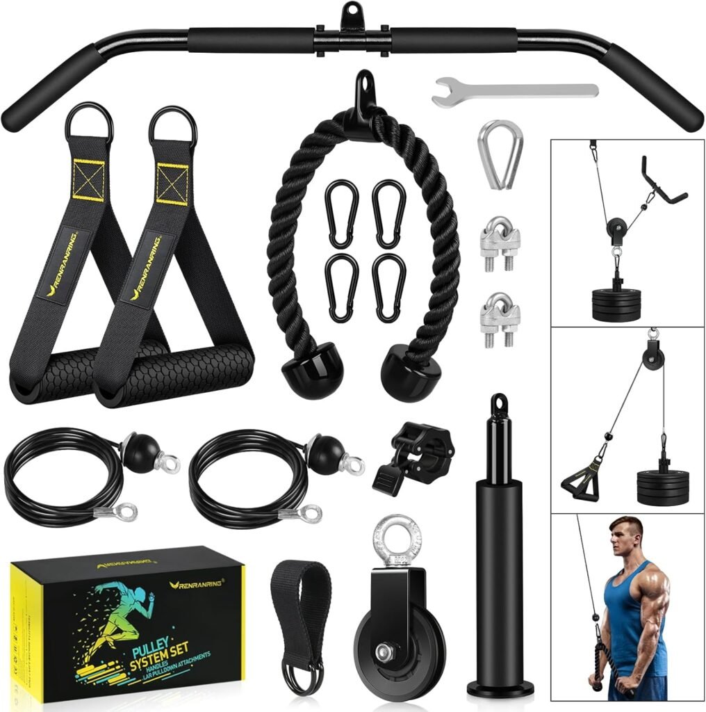 Fitness LAT and Lift Pulley System Gym - Upgraded LAT Pull Down Cable Machine Attachments, Loading Pin, Handle and Tricep Rope, for Biceps Curl, Forearm, Triceps Exercise Gym Equipment