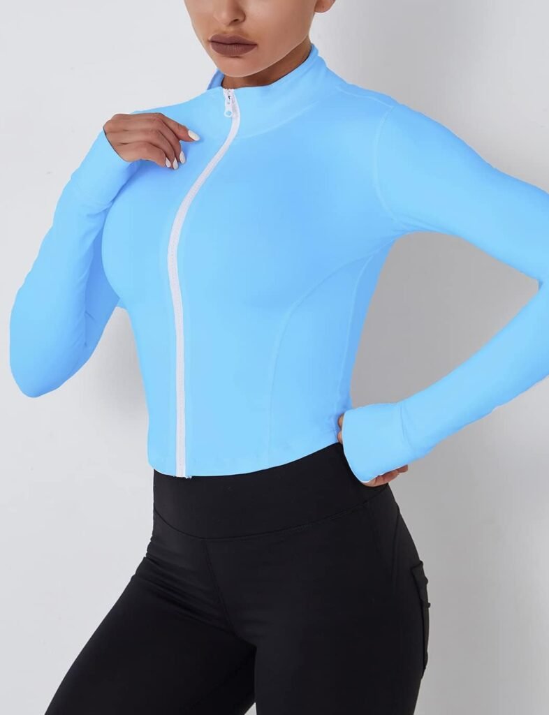 Womens Cropped Slim Athletic Yoga Workout Track Sports Zip Up Jacket with Thumb Holes