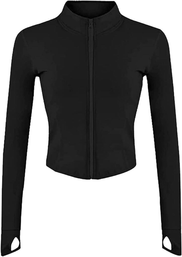 Womens Cropped Slim Athletic Yoga Workout Track Sports Zip Up Jacket with Thumb Holes