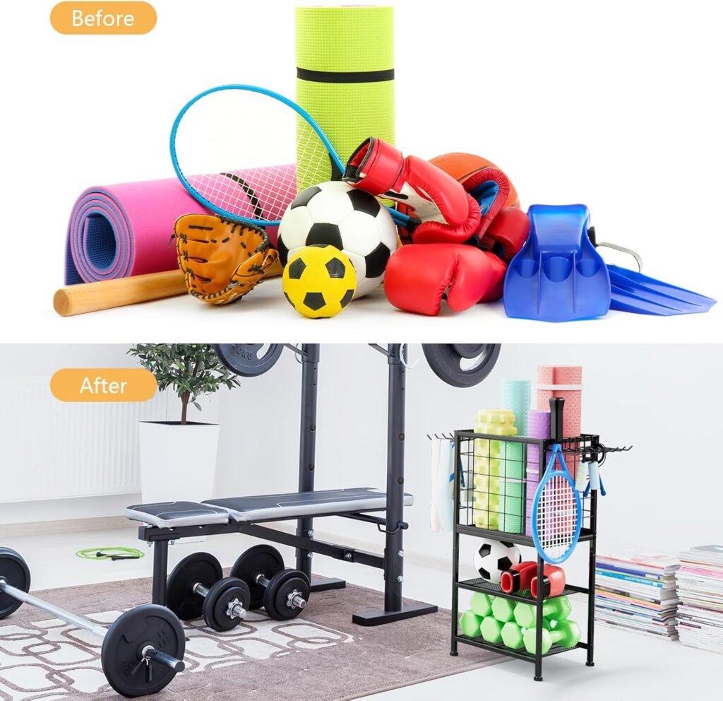 Weight Rack for Home Gym, Workout Equipment Storage Organizer, Home Gym Yoga Mat Storage Rack, Weight Storage Racks with Hooks, Yoga Mat Holder with Wheels for Yoga Block, Dumbbell, Resistance Band