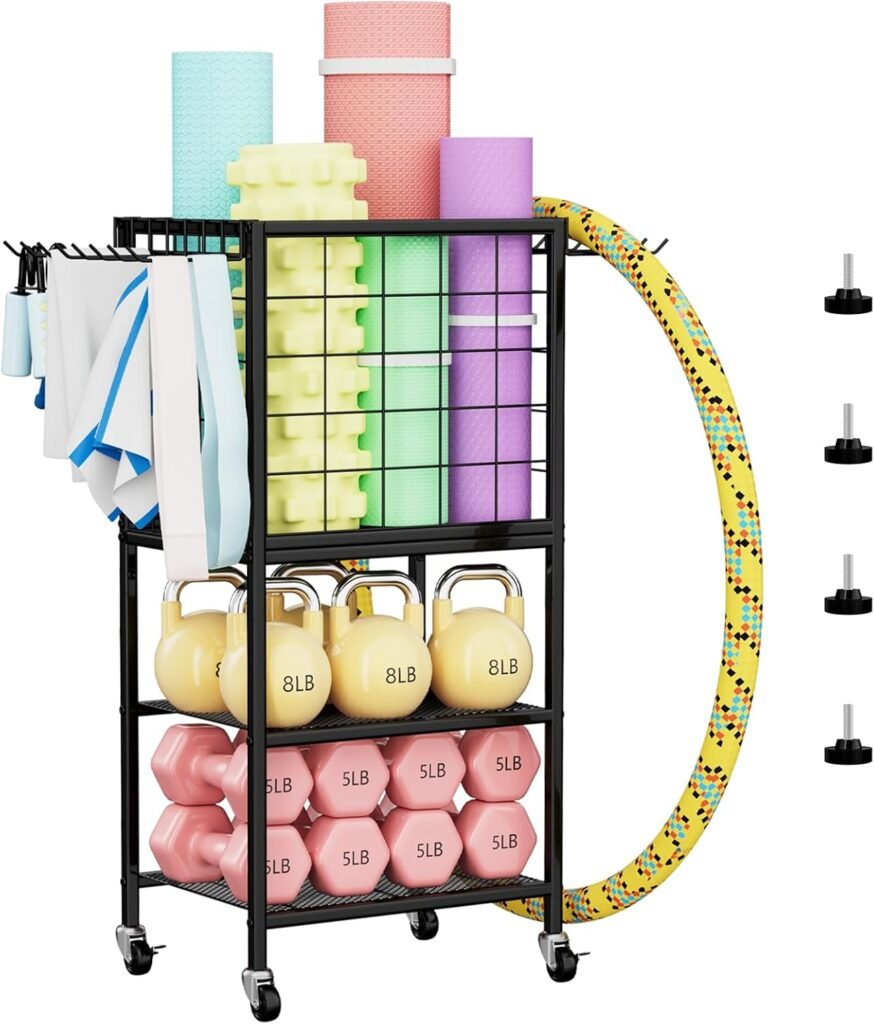 Weight Rack for Home Gym, Workout Equipment Storage Organizer, Home Gym Yoga Mat Storage Rack, Weight Storage Racks with Hooks, Yoga Mat Holder with Wheels for Yoga Block, Dumbbell, Resistance Band